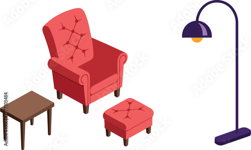 Isometric Red Tufted Armchair Ottoman Side Table and Floor Lamp