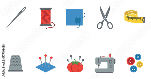 Collection of flat design icons representing various sewing tools and accessories, including a needle, thread, scissors, tape measure, thimble, pins, tomato pin cushion, sewing machine, and buttons.