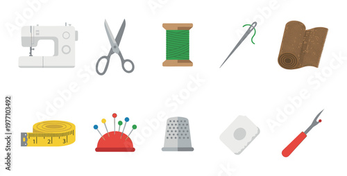 A collection of various sewing tools and supplies arranged on a white background, perfect for craft and DIY projects.