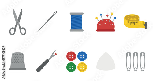 A vibrant collection of essential sewing tools arranged on a clean white background, featuring scissors, needle, thread, thimble, and more for crafting projects.