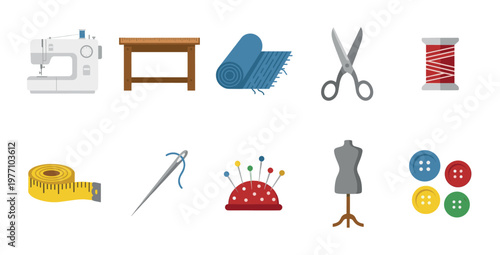 A flat design collection of sewing and craft tools including a sewing machine, table, fabric, scissors, thread, measuring tape, needle, pincushion, mannequin, and buttons.