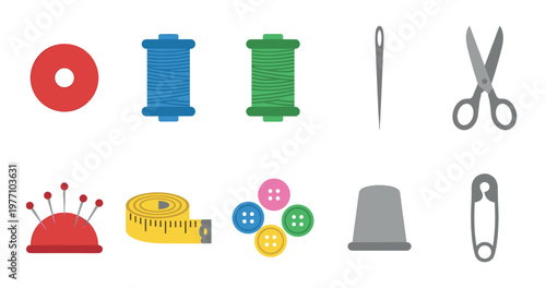 A flat design illustration showcases various sewing tools like thread spools, scissors, needles, buttons, and a thimble on a clean white background.