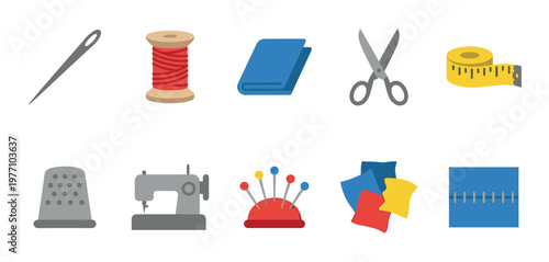 Collection of ten flat design icons depicting essential sewing tools and materials arranged in two rows against a white background.