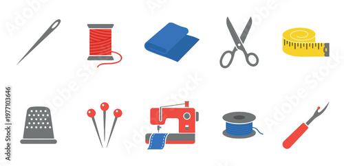 A flat design illustration features various sewing tools including a needle, thread spool, fabric, scissors, measuring tape, thimble, pins, sewing machine, and seam ripper on a white background.