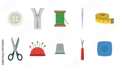 A collection of essential sewing tools and supplies are depicted in a clean, flat design illustration with a white background.