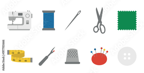 A clean vector illustration showcasing a set of essential sewing tools arranged on a white background for easy use in design projects.