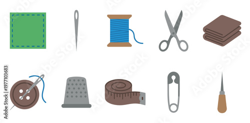 A flat design illustration featuring a collection of essential sewing tools and supplies, including a needle, thread, scissors, fabric, button, and measuring tape.