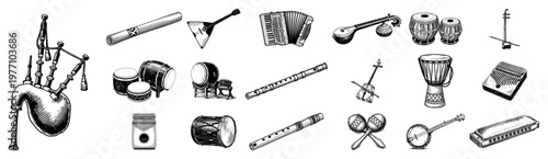 Quadro su tela Collection of diverse traditional musical instruments from around the world in v