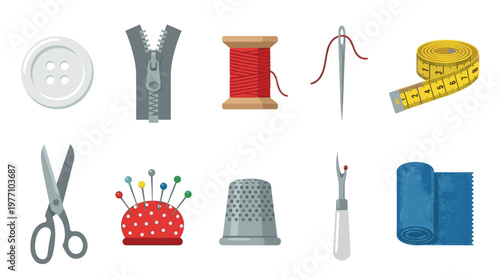 A flat design illustration of essential sewing tools including a button, zipper, thread spool, needle, measuring tape, scissors, pin cushion, thimble, seam ripper, and fabric swatch.