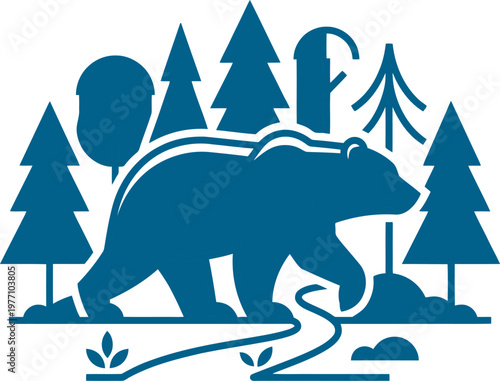 Grizzly bear walking through pine forest near stream can be Editable
