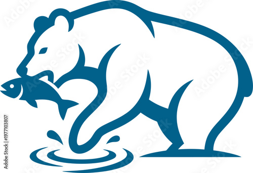 Hungry brown bear catching a fish from water ripples can be Editable