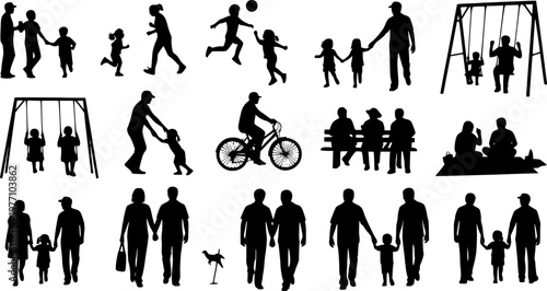People different ages doing outdoors activities with various poses in public park vector silhouettes. People all ages playing in park family bonding leisure time black silhouette set See Less

