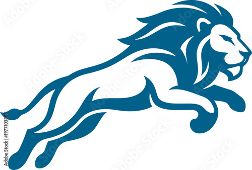 Leaping lion in mid-air pounce action blue silhouette can be Editable