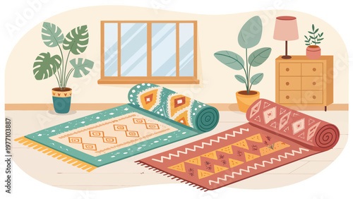 Cozy home interior with colorful rugs plants and decorative furniture warm lighting and soft pastel background