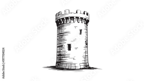 Medieval Stone Tower Standing Alone On White Background For History And Architecture Concepts