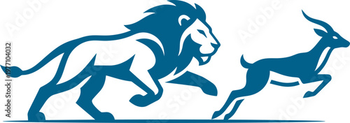 Predatory lion chasing a jumping antelope in the savanna blue graphic can be Editable