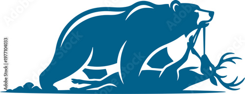 Predator bear standing over a hunted deer silhouette can be Editable