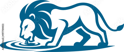 Thirsty lion drinking from a water hole blue vector graphic can be Editable