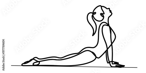 A minimalist single line drawing of a woman performing the upward facing dog yoga pose exercise. Vector, illustration