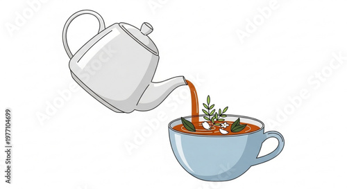 White teapot pouring herbal tea into a blue cup with fresh mint and rosemary concept of healthy beverage and relaxation isolated on white background