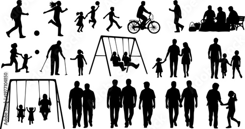 People different ages doing outdoors activities with various poses in public park vector silhouettes. People all ages playing in park family bonding leisure time black silhouette set See Less
