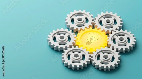 Gears arranged in a circular formation surrounding a single glowing yellow gear with a lightbulb icon symbolize the power of collaborative problem solving and creative innovation in business.