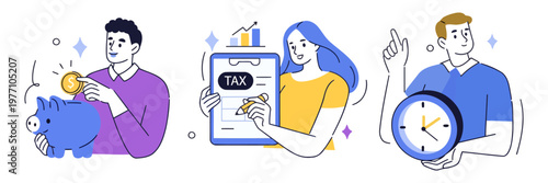 Tax payment and time management concepts with people and piggy bank flat design illustration financial strategy management calculator analysis business document information