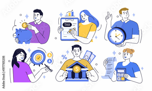 Financial management and saving concepts with people and piggy bank flat design investment illustration financial strategy management consulting calculator analysis business learning