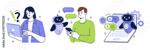 Customer service and AI chatbot interaction with people and technology artificial intelligence user experience flat design technology communication question smartphone dialogue virtual assist