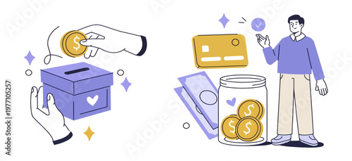 Charity donation and savings concept with hand and money jar flat design donation illustration financial management credit card business fundraising contribution community