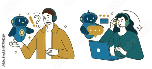 Person holding AI chatbot robot with question mark and star ratings for support customer service flat design virtual assistant technology response communication interaction feedback business