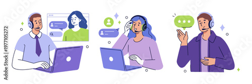 Customer service agents and AI bots providing online support via laptops and phones with call center help desk technical support flat design technology communication smartphone virtual assistan