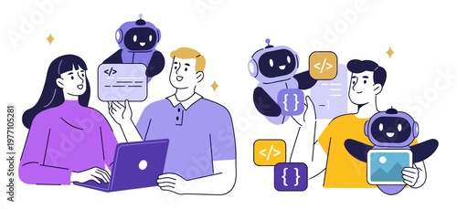 Team of people collaborating with AI chatbots on technology projects and development flat design machine learning artificial intelligence technology collaboration development virtual assistant