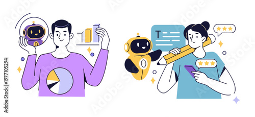 Digital marketing team collaborating with AI assistant for content creation AI assistant artificial intelligence online advertising social media data analysis business growth project management