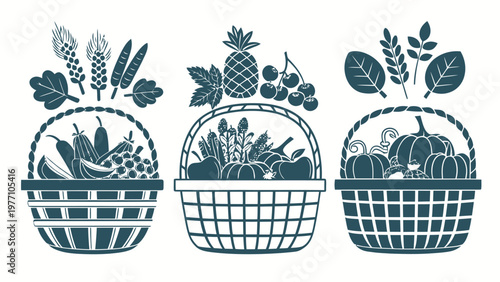 Silhouettes of three farm produce baskets with fruits and vegetables arranged cohesively