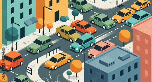 Busy City Street with Many Cars and Buildings.