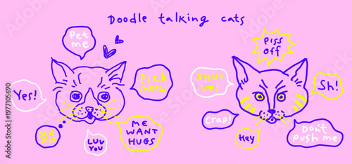 Doodle hand drawn loving angry cat heads outline drawings, speech bubbles with emotions exclamations - love anger swear words. Naive linear childlike playful style hand lettering uneven imperfect line