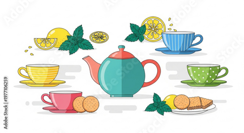 Tea time set with teapot cups lemon slices mint leaves and cookies flat design illustration for beverage and refreshment concepts