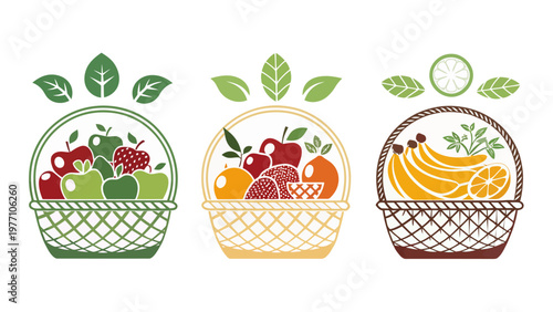 Colorful fruit assortment in three baskets with leaves on a white background for healthy eating concepts