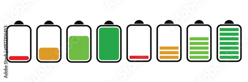 Battery life and power status icon set showing various energy levels from empty to full in colorful vector illustration