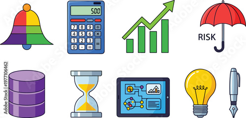 Business and Risk Management Vector Icons Set with Symbols Including Calculator, Bell, Bar Chart, Risk Umbrella, Hourglass, and More