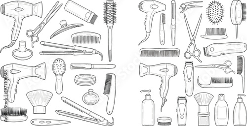 Hand Drawn Hair Salon Tools Vector Set with Hair Dryer Scissors Combs Brushes Clippers Straightener and Barber Accessories for Beauty and Grooming Design