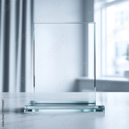 Empty Clear Acrylic Award Frame On White Marble Surface With Soft Natural Light