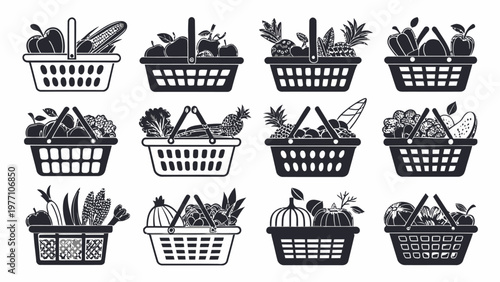 Grocery shopping baskets filled with fresh produce fruits and vegetables supermarket silhouettes for healthy food concept