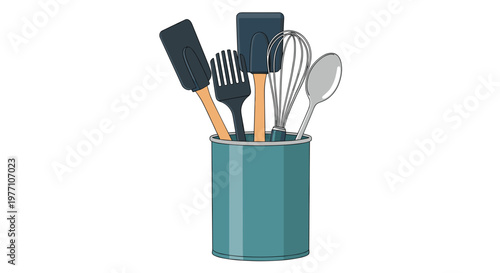 A dark teal cylindrical canister organizes a modern set of cooking utensils including black silicone spatulas and a metal whisk with light wooden handles.