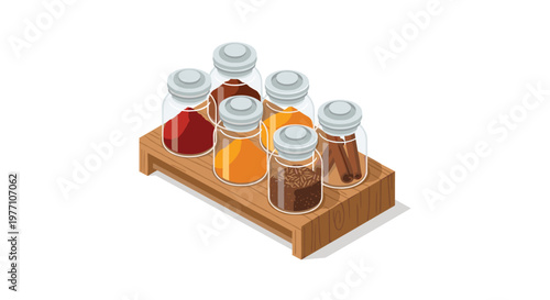 Six transparent glass jars containing various vibrant ground spices and cinnamon sticks are neatly arranged on a small elevated wooden tray in isometric view.