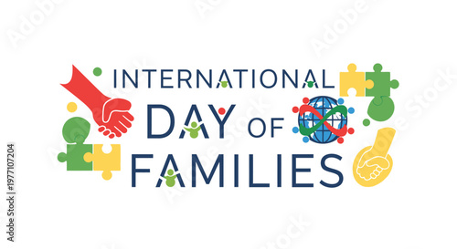International Day of Families concept with diverse people figures, puzzle globe, hand holding heart, and money bag on isolated white background.