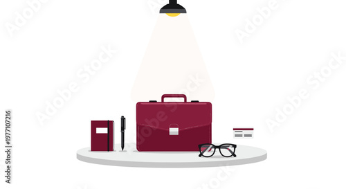A sophisticated maroon leather briefcase sits prominently on a round table alongside black glasses and a notebook under a focused beam of warm yellow light.