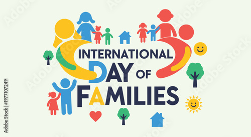 International Day of Families banner with diverse people figures, house, trees, sun, heart, and smile on a light yellow-green background.