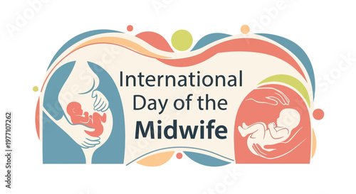 International Day of the Midwife concept with mother holding a newborn baby and abstract colorful shapes on isolated white background.